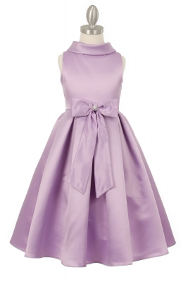 Girls Dress Style 1197 - LILAC Collared Satin Dress with Front Bow